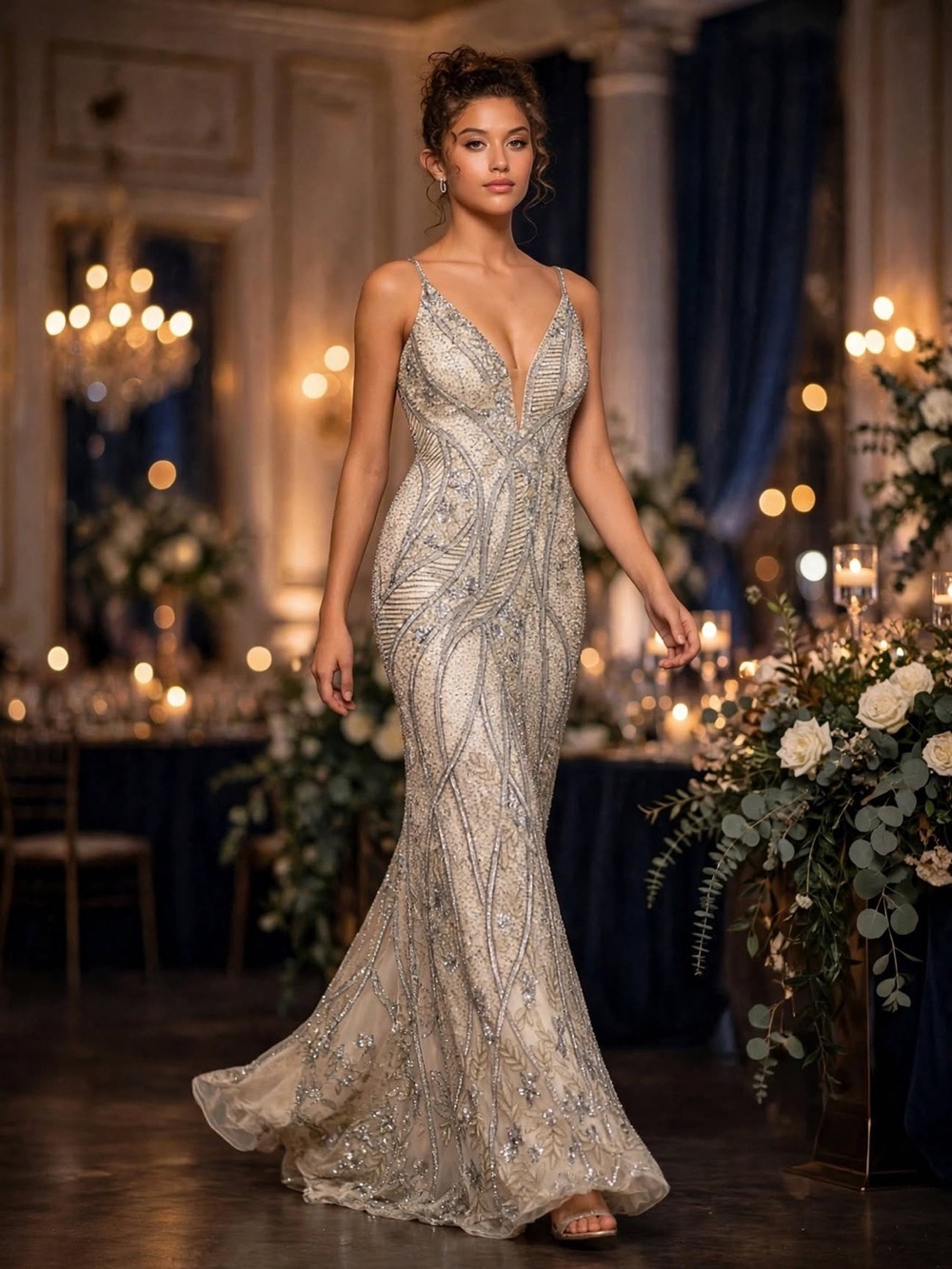 Mac Duggal 5517 silver nude open back special occasion gown size 12 NWT